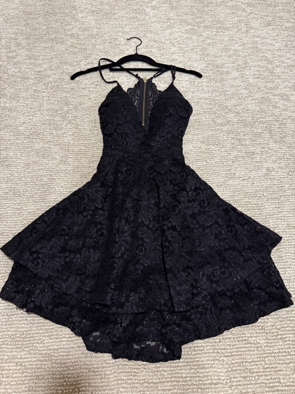 Black Lace A-Line Party Dress with deep V-neck Neckline